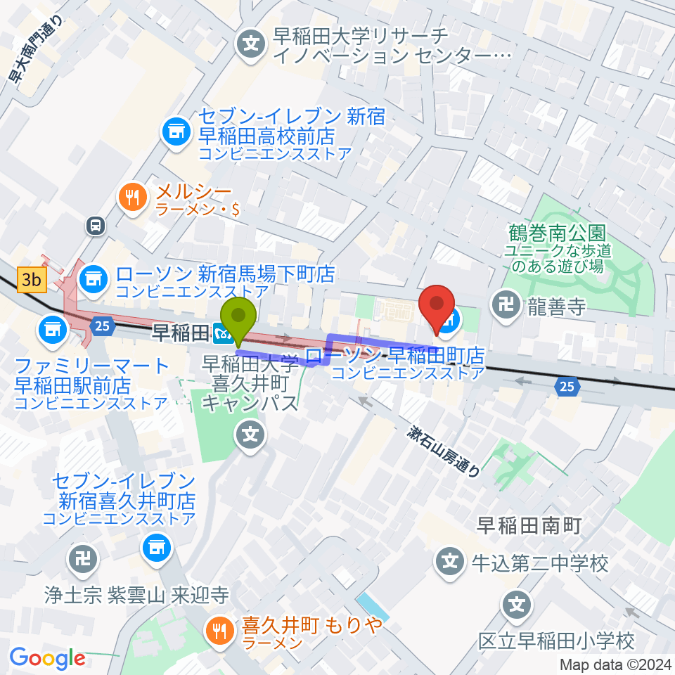 早稲田RiNen(リネン)の最寄駅早稲田駅からの徒歩ルート（約2分）地図