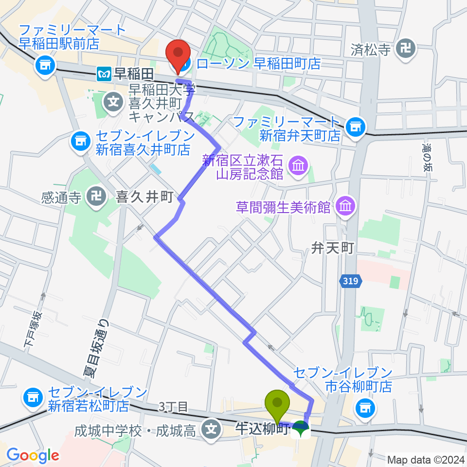 牛込柳町駅から早稲田RiNen(リネン)へのルートマップ地図