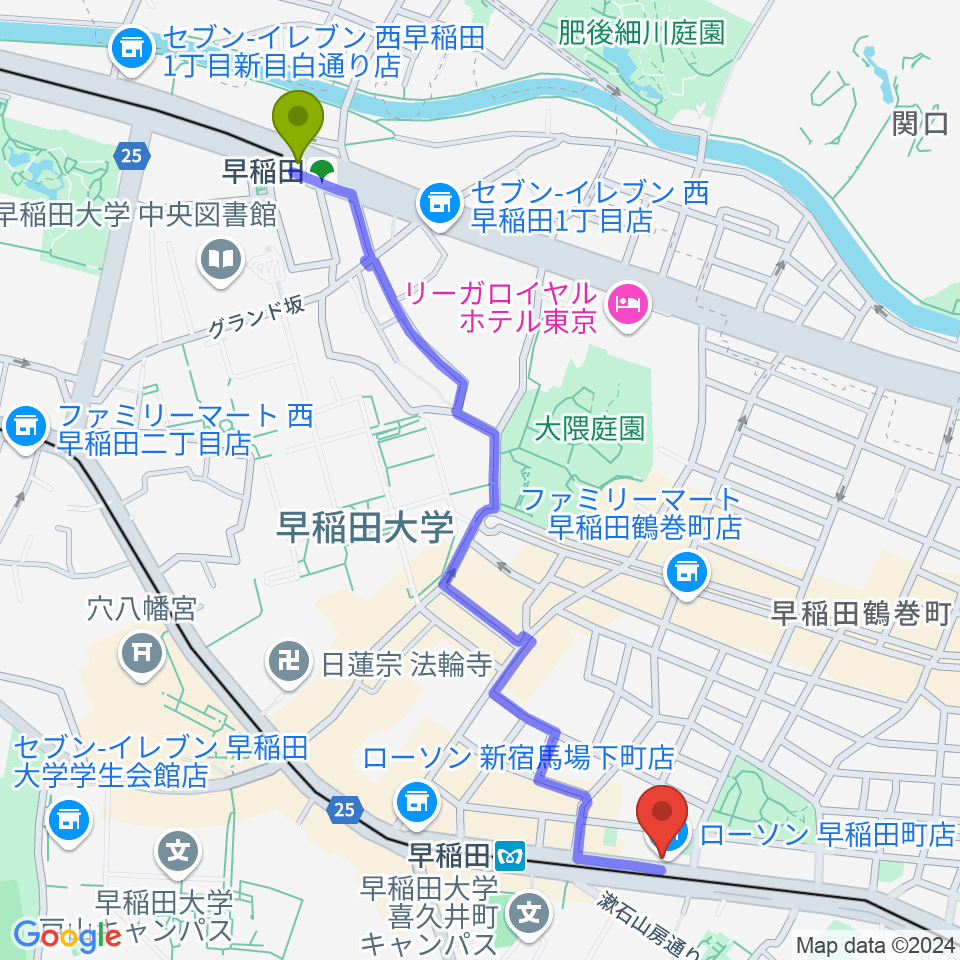 早稲田駅から早稲田RiNen(リネン)へのルートマップ地図