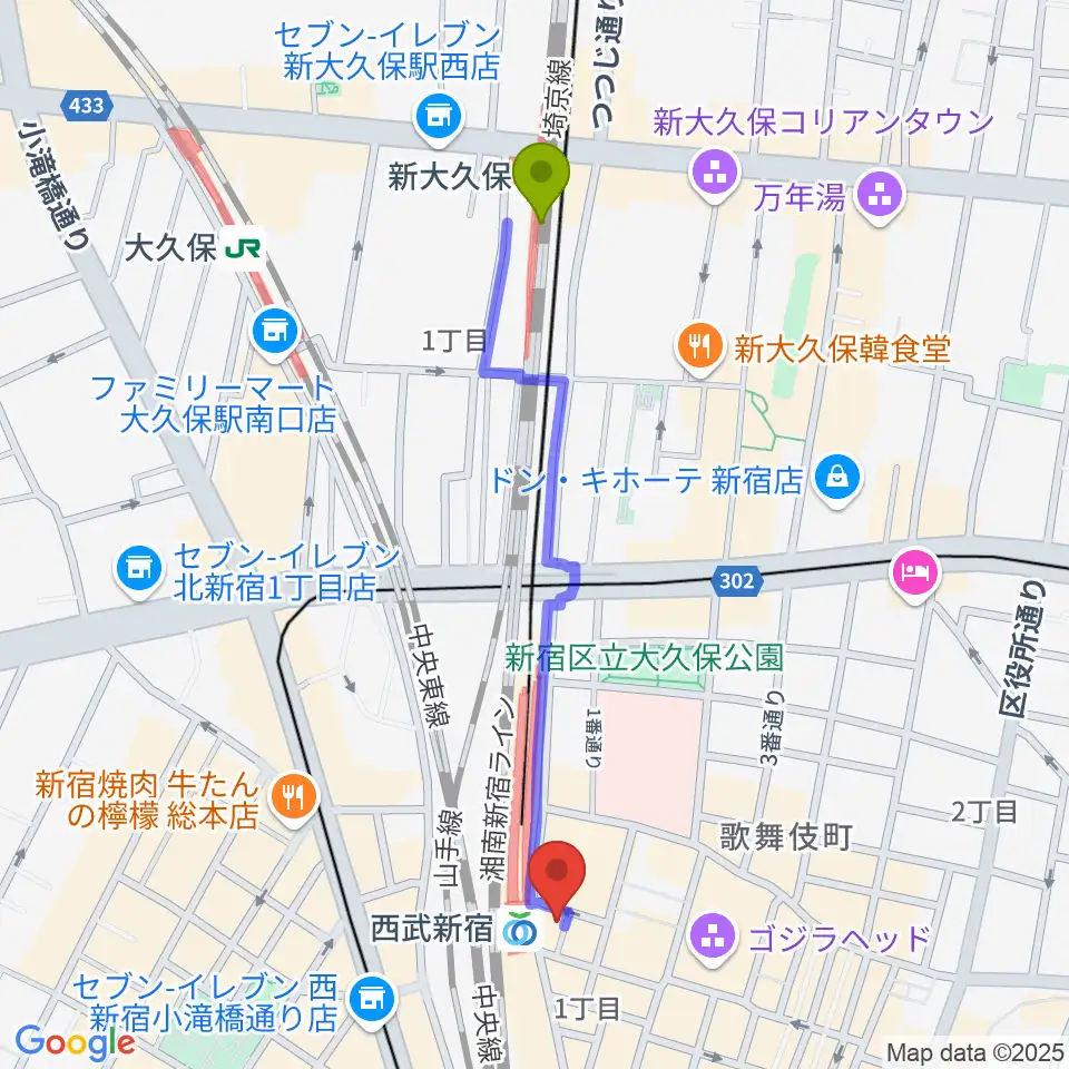 新大久保駅から新宿ロックカフェロフトへのルートマップ地図