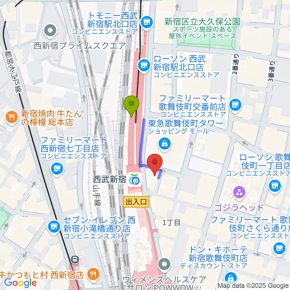 新宿ロックカフェロフトの最寄駅西武新宿駅からの徒歩ルート（約2分）地図