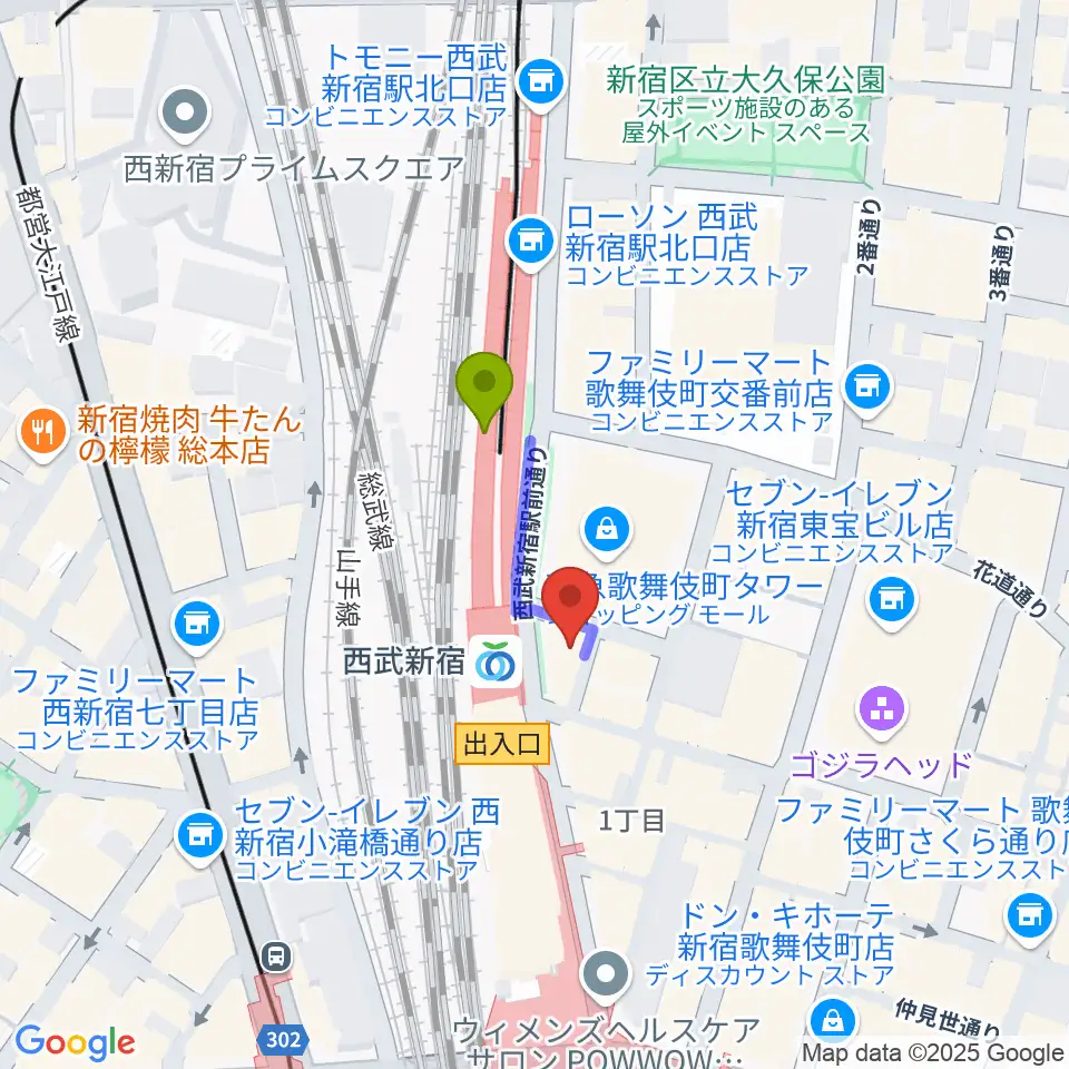 新宿ロックカフェロフトの最寄駅西武新宿駅からの徒歩ルート（約2分）地図