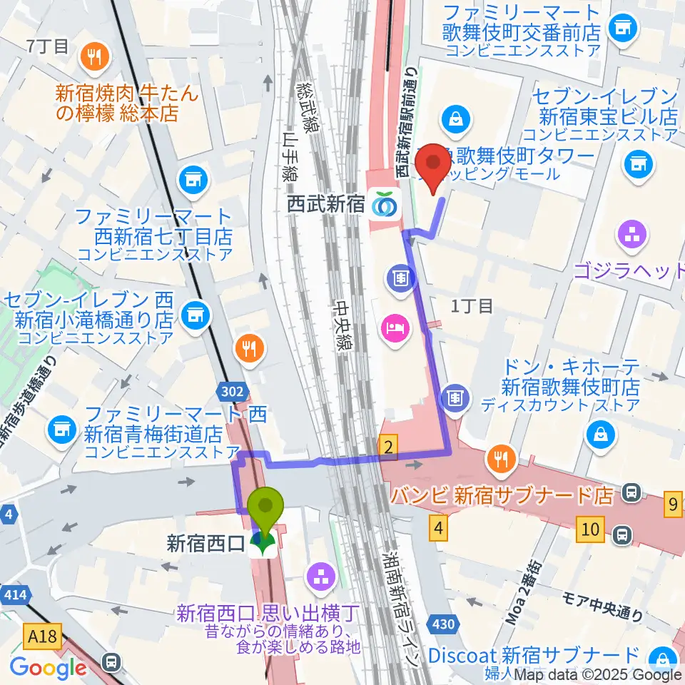 新宿西口駅から新宿ロックカフェロフトへのルートマップ地図