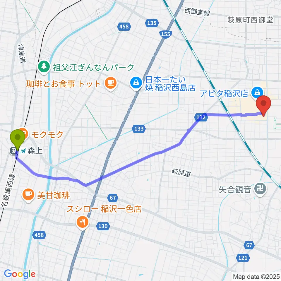森上駅からユナイテッド・シネマ稲沢へのルートマップ地図