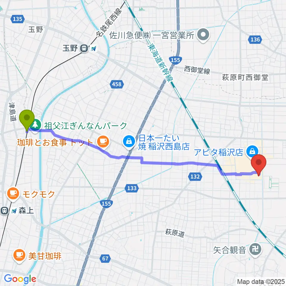 山崎駅からユナイテッド・シネマ稲沢へのルートマップ地図