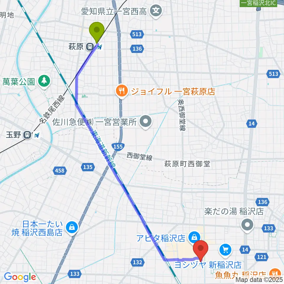 萩原駅からユナイテッド・シネマ稲沢へのルートマップ地図