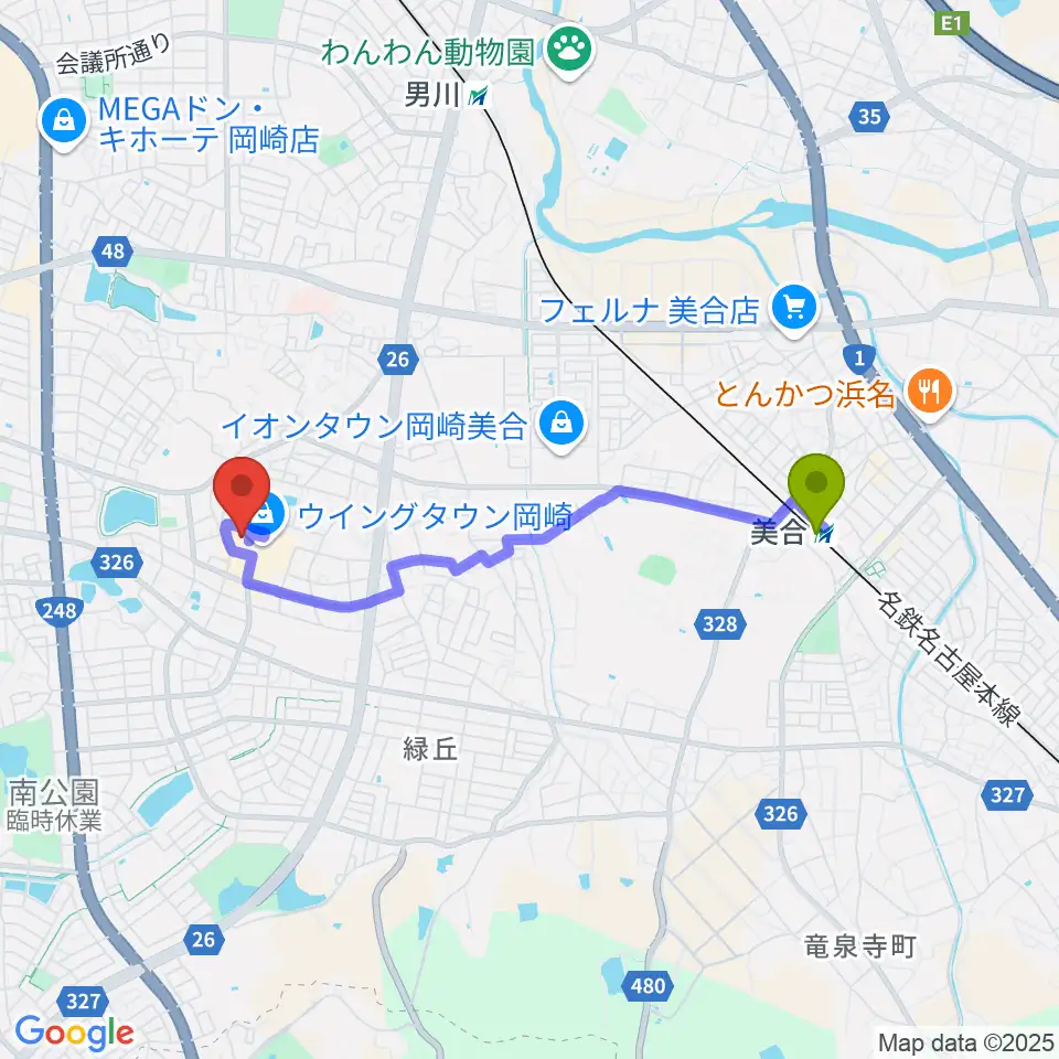 美合駅からローソン・ユナイテッドシネマ岡崎へのルートマップ地図