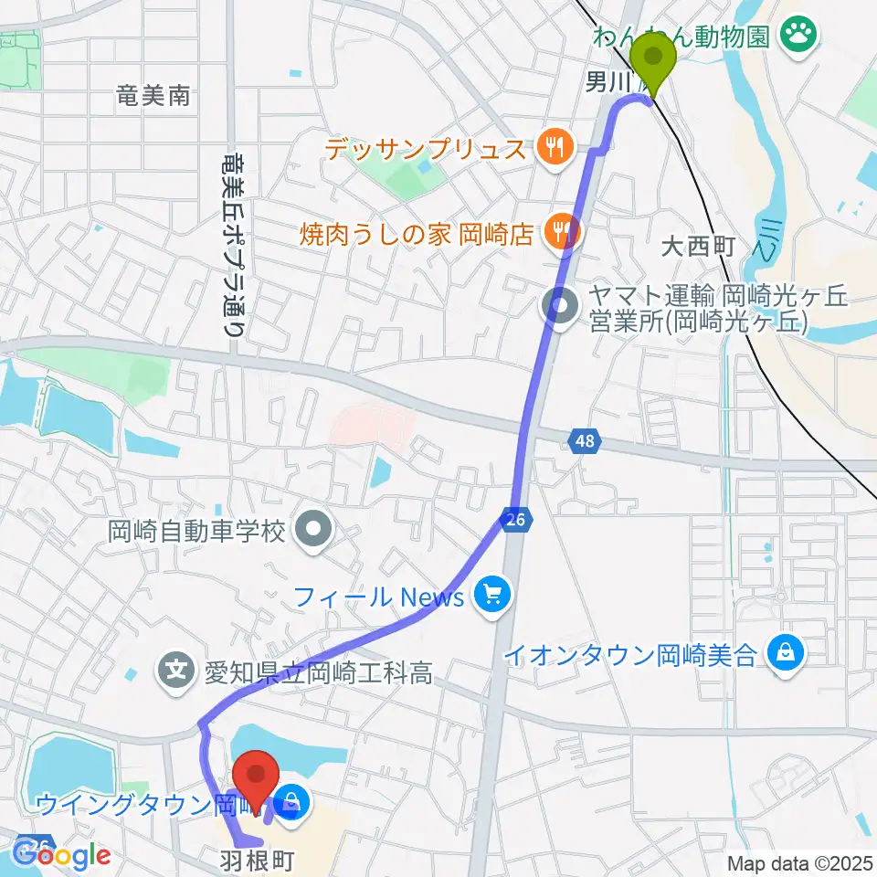 男川駅からローソン・ユナイテッドシネマ岡崎へのルートマップ地図