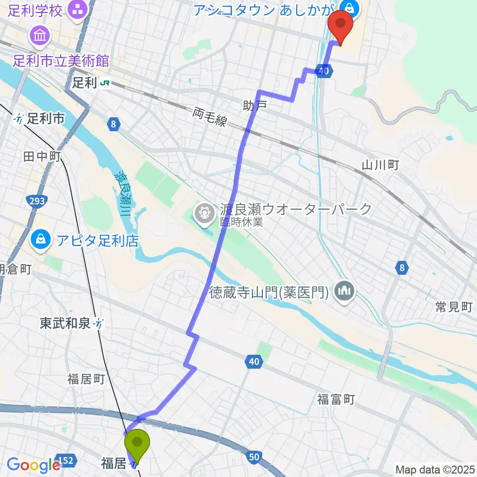 福居駅からユナイテッド・シネマ アシコタウンあしかがへのルートマップ地図