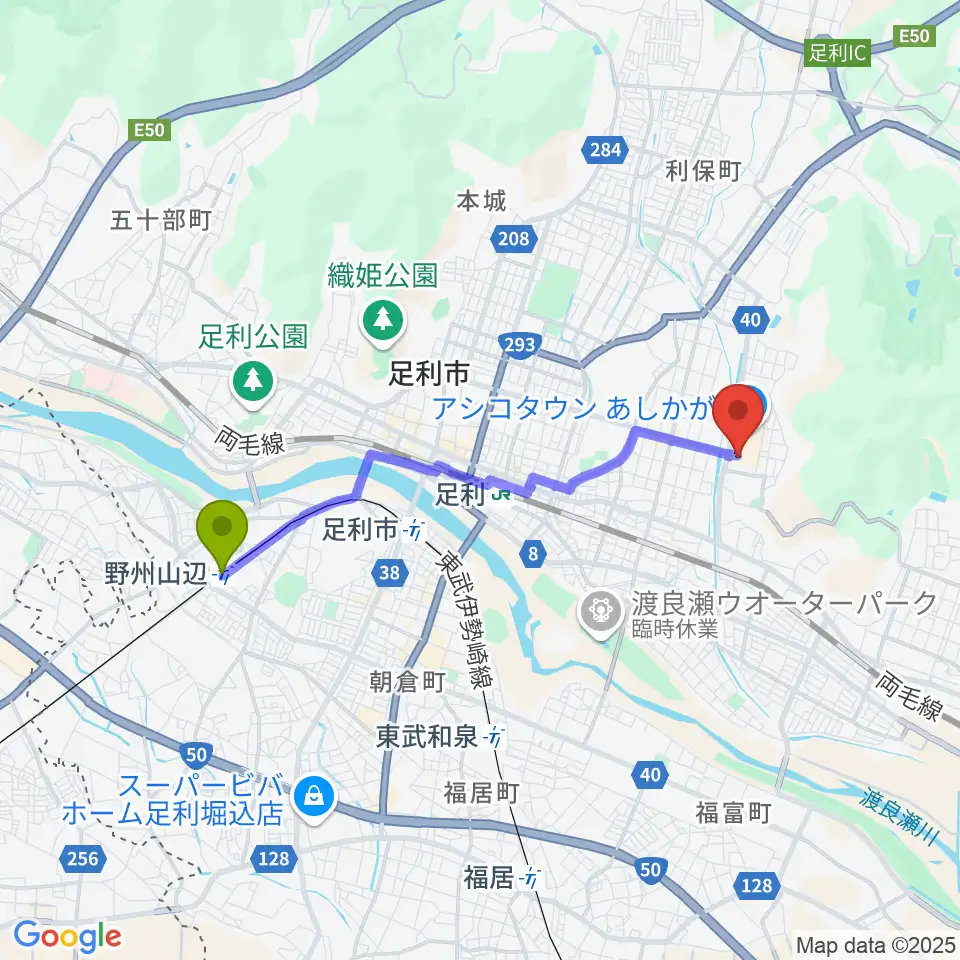 野州山辺駅からユナイテッド・シネマ アシコタウンあしかがへのルートマップ地図