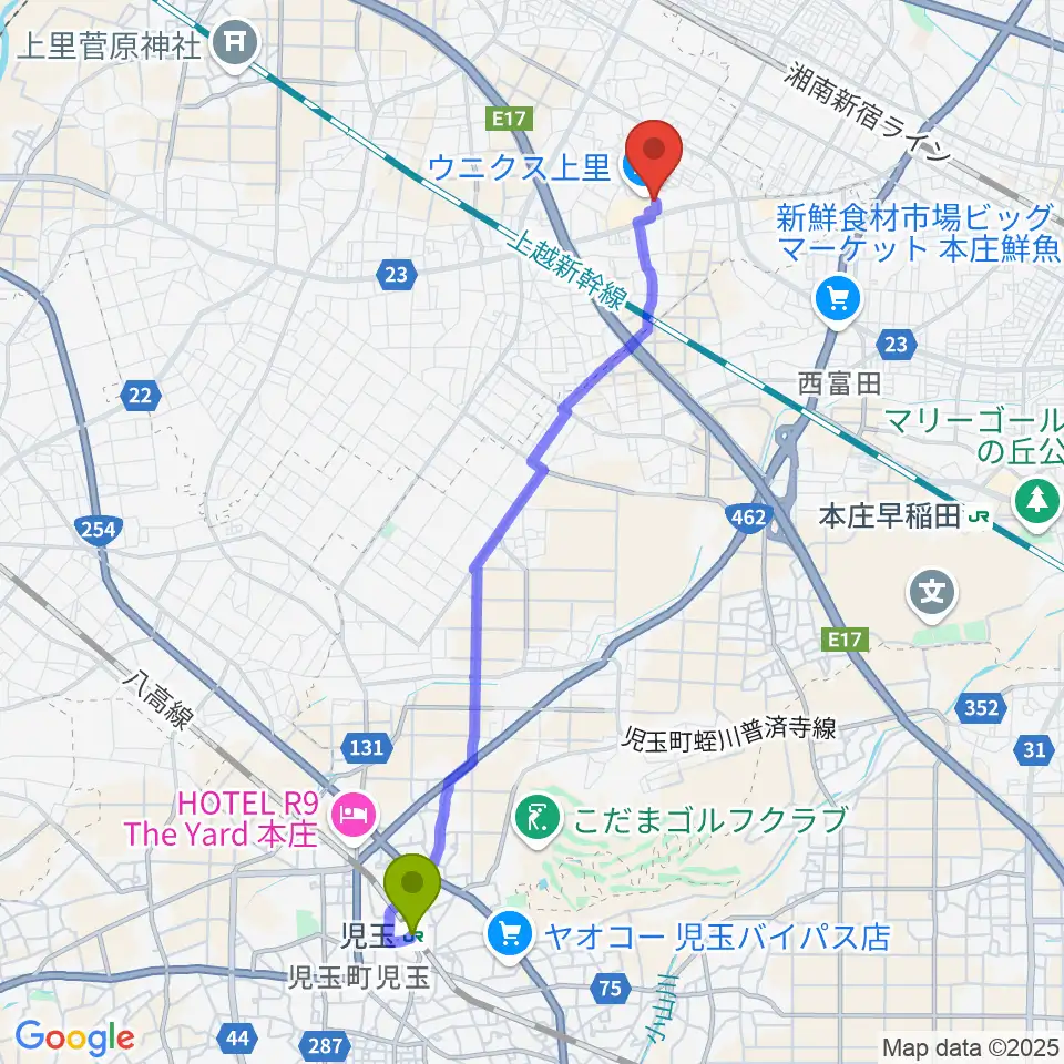 児玉駅からユナイテッド・シネマ ウニクス上里へのルートマップ地図