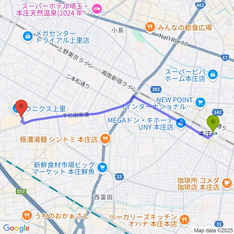 本庄駅からユナイテッド・シネマ ウニクス上里へのルートマップ地図