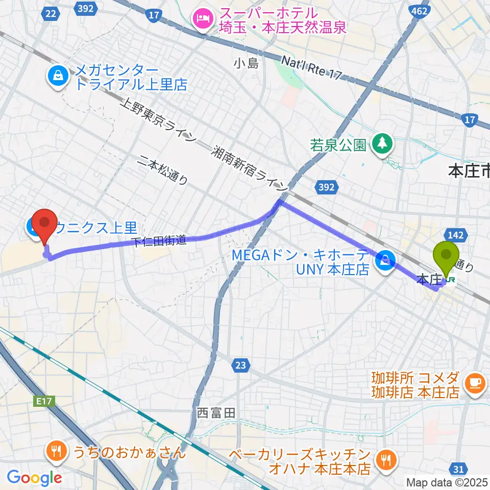 本庄駅からユナイテッド・シネマ ウニクス上里へのルートマップ地図