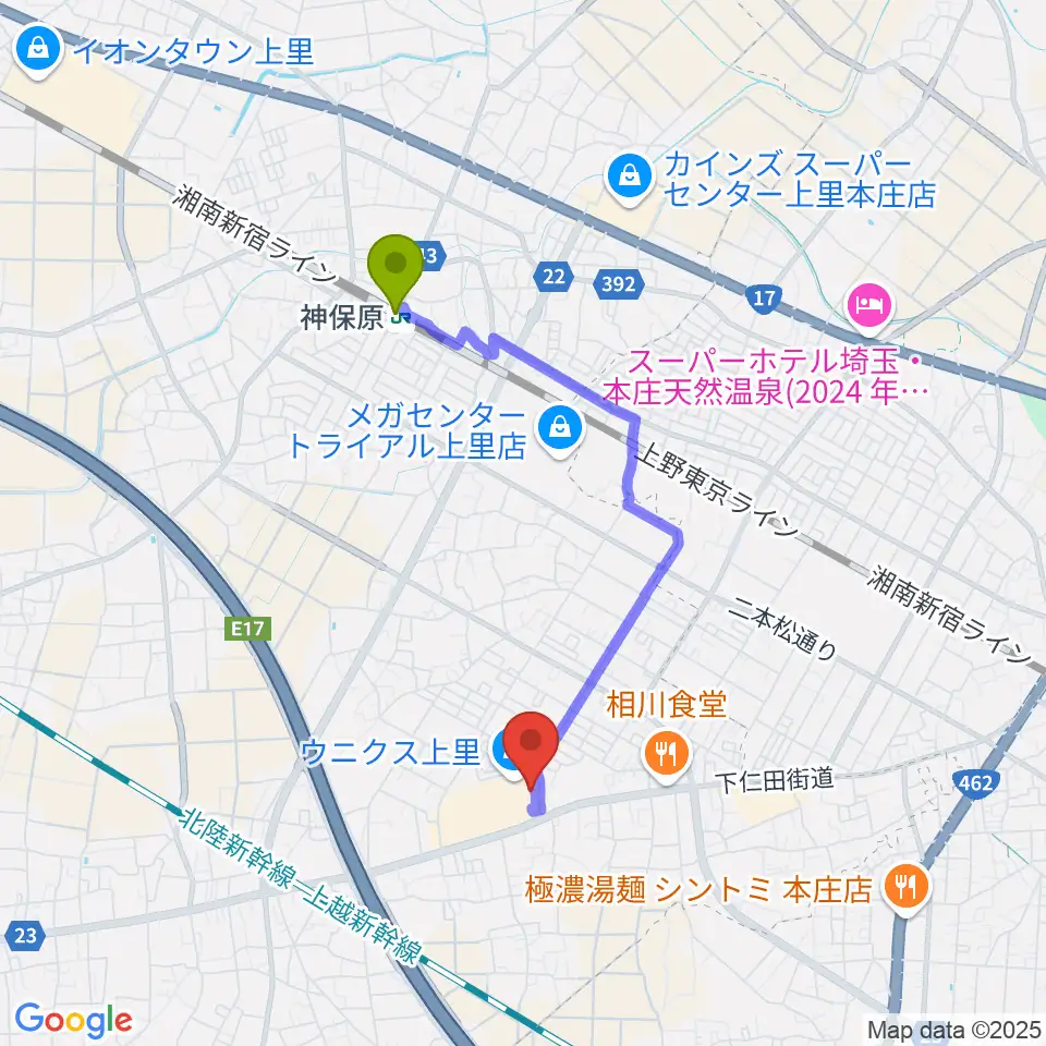 ユナイテッド・シネマ ウニクス上里の最寄駅神保原駅からの徒歩ルート（約29分）地図