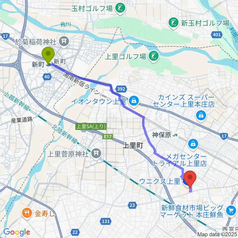 新町駅からユナイテッド・シネマ ウニクス上里へのルートマップ地図