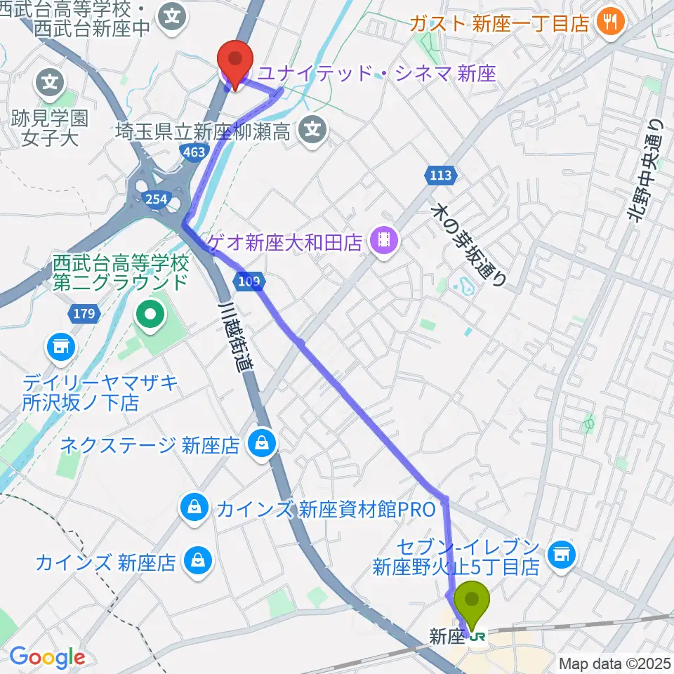 ユナイテッド・シネマ新座の最寄駅新座駅からの徒歩ルート（約27分）地図