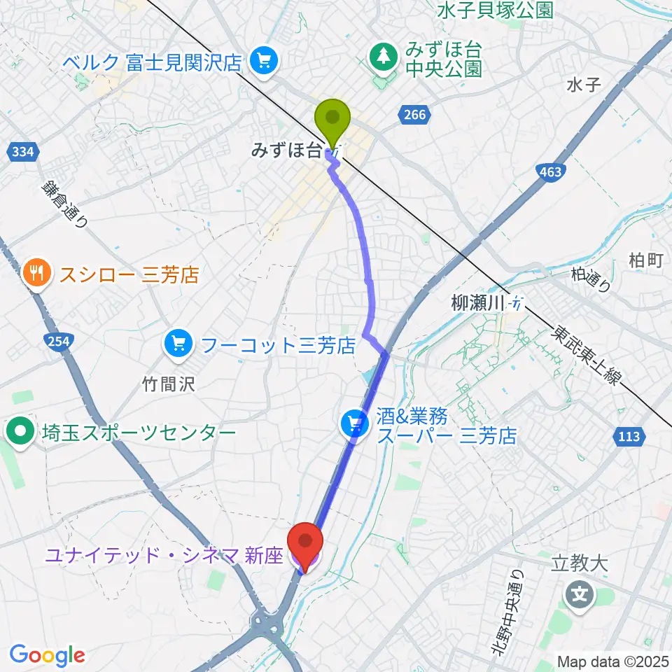 みずほ台駅からユナイテッド・シネマ新座へのルートマップ地図