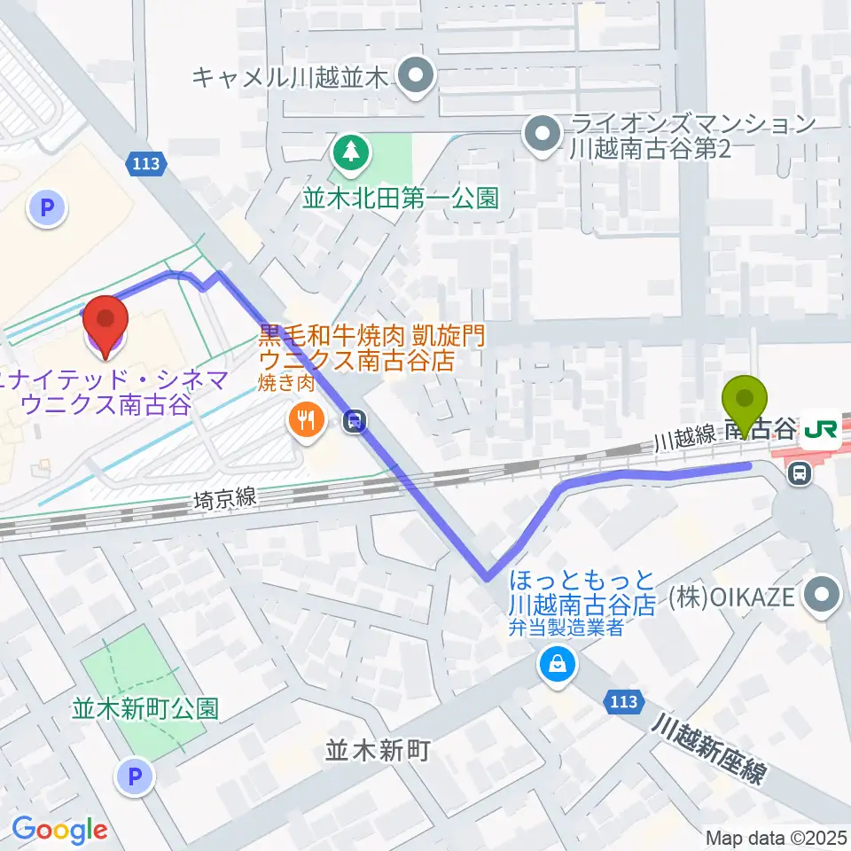 ユナイテッド・シネマ ウニクス南古谷の最寄駅南古谷駅からの徒歩ルート（約6分）地図