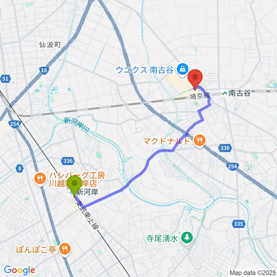 新河岸駅からユナイテッド・シネマ ウニクス南古谷へのルートマップ地図