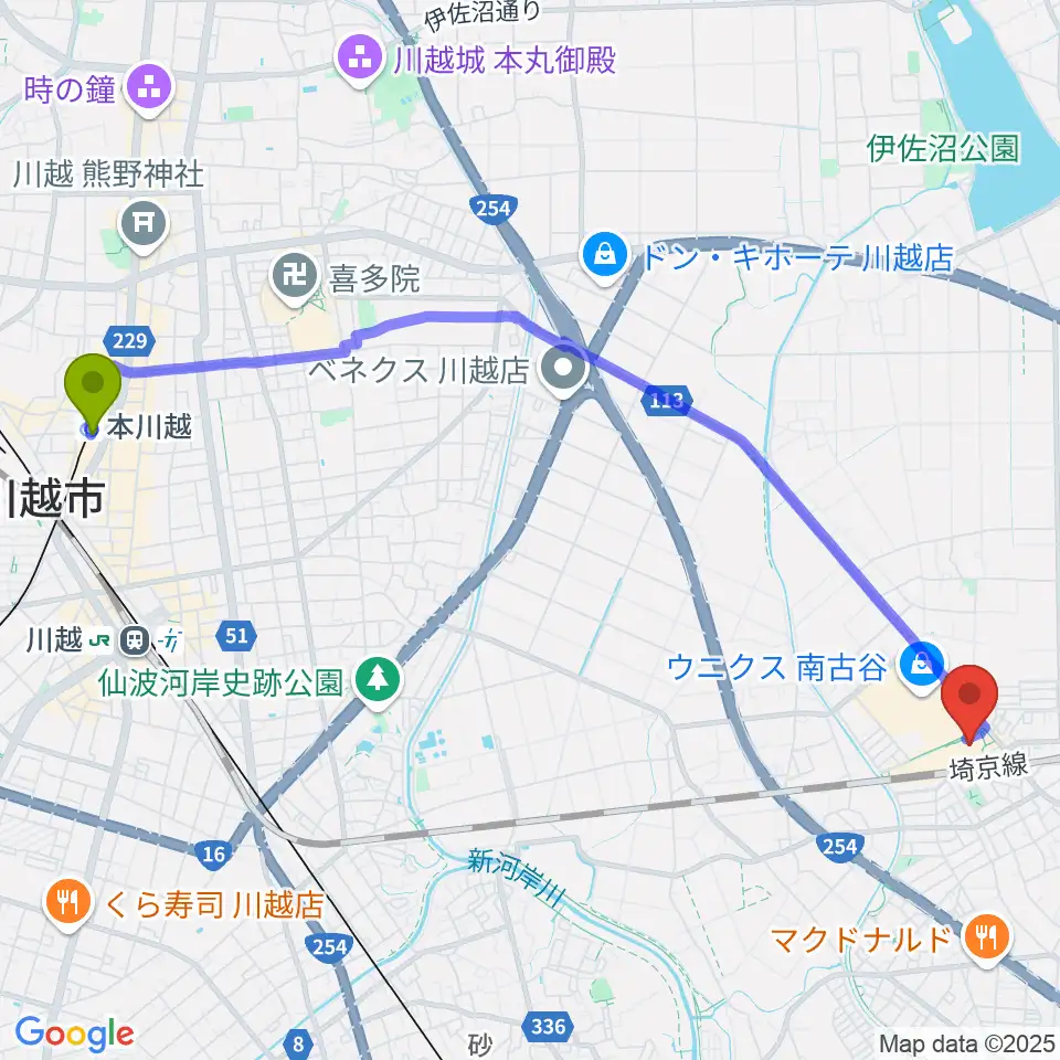 本川越駅からユナイテッド・シネマ ウニクス南古谷へのルートマップ地図