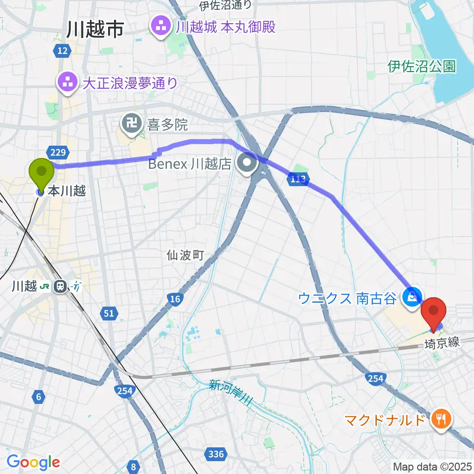 本川越駅からユナイテッド・シネマ ウニクス南古谷へのルートマップ地図