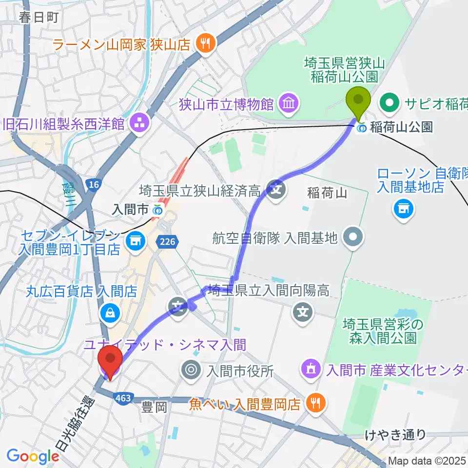 稲荷山公園駅からローソン・ユナイテッドシネマ入間へのルートマップ地図