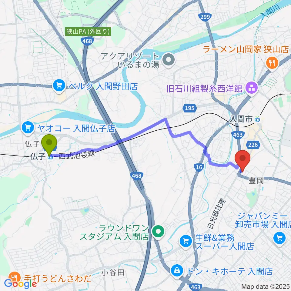 仏子駅からローソン・ユナイテッドシネマ入間へのルートマップ地図