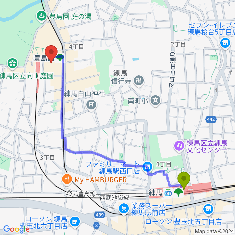 練馬駅からユナイテッド・シネマとしまえんへのルートマップ地図