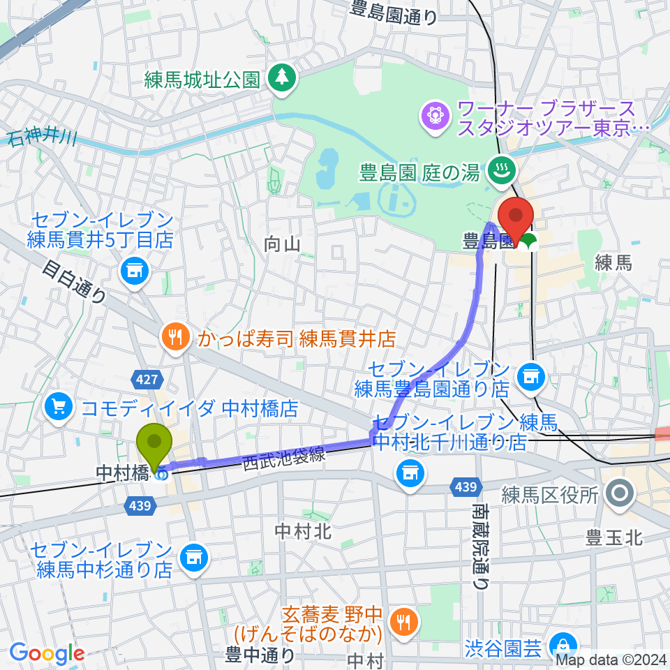 中村橋駅からユナイテッド・シネマとしまえんへのルートマップ地図