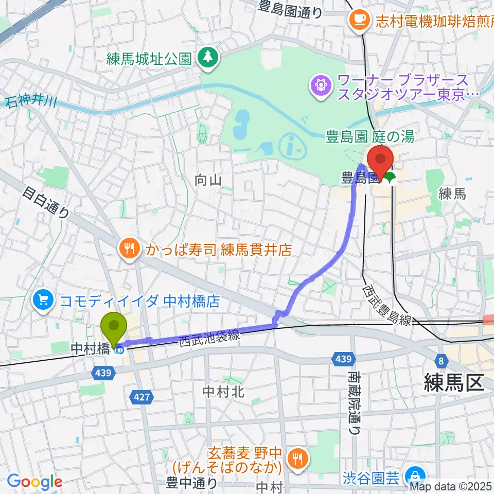 中村橋駅からユナイテッド・シネマとしまえんへのルートマップ地図