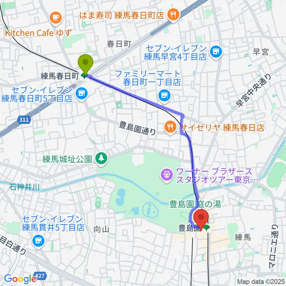 練馬春日町駅からユナイテッド・シネマとしまえんへのルートマップ地図