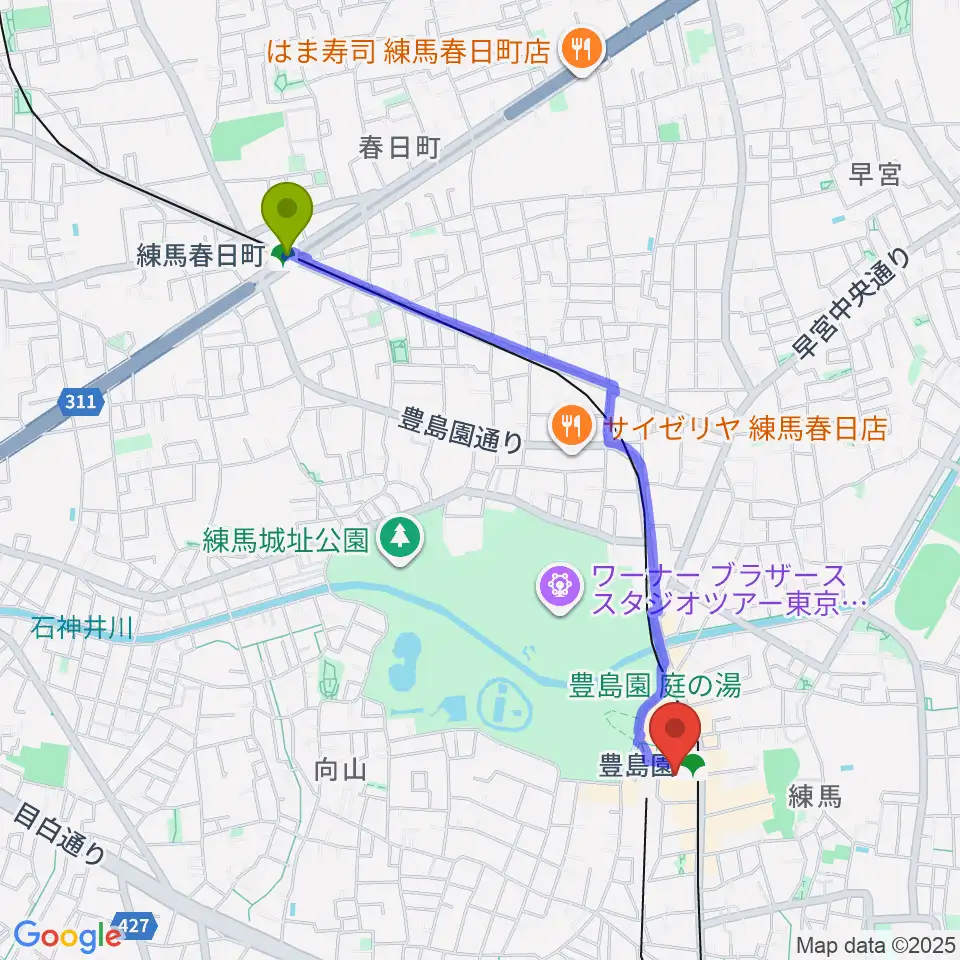 練馬春日町駅からユナイテッド・シネマとしまえんへのルートマップ地図