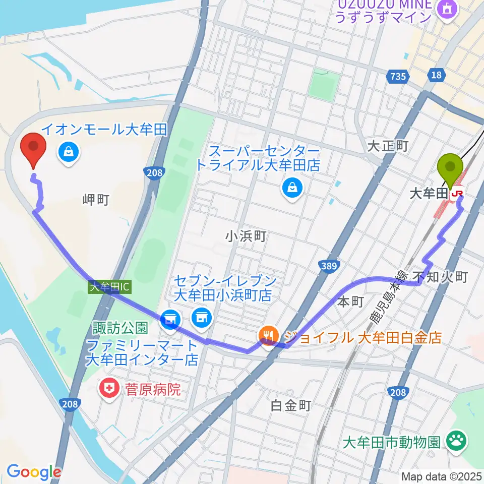 セントラルシネマ大牟田の最寄駅大牟田駅からの徒歩ルート（約28分）地図