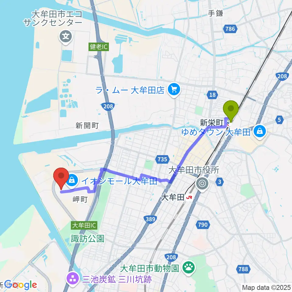 新栄町駅からセントラルシネマ大牟田へのルートマップ地図