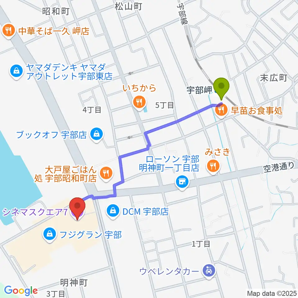 シネマ・スクエア7の最寄駅宇部岬駅からの徒歩ルート（約10分）地図