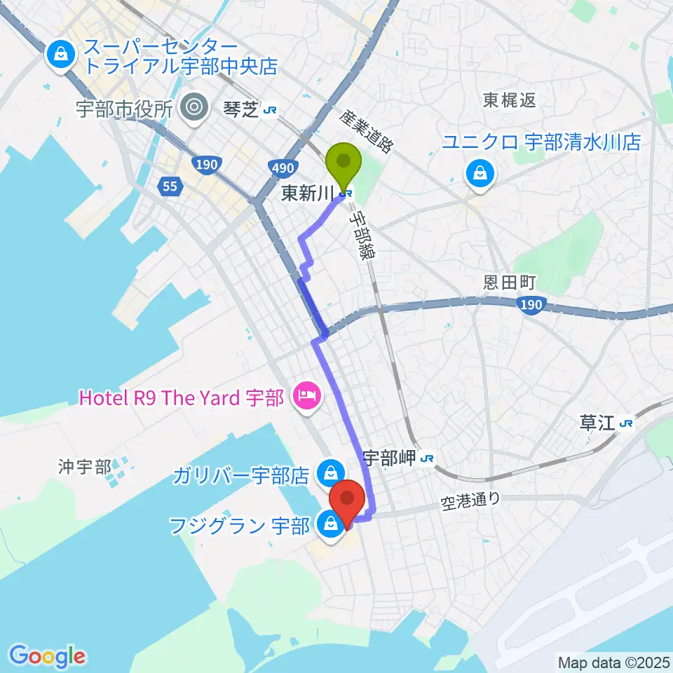 東新川駅からシネマ・スクエア7へのルートマップ地図