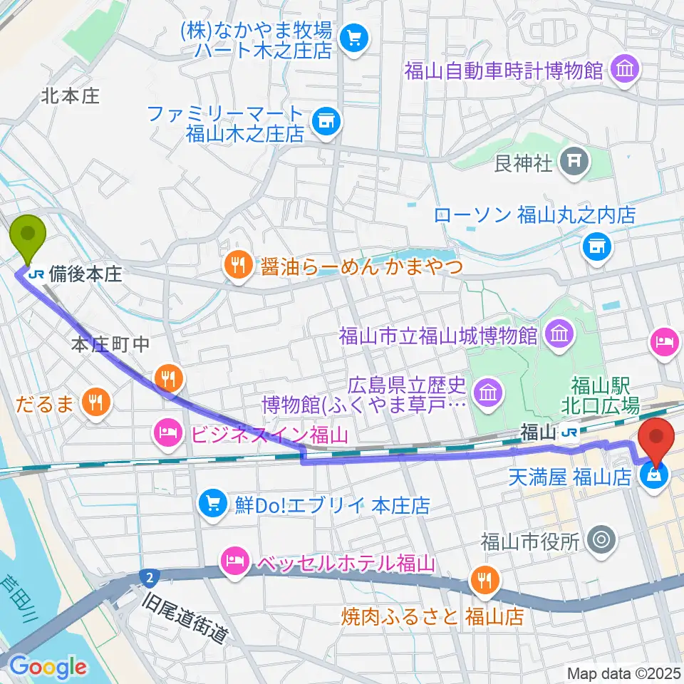 備後本庄駅から福山駅前シネマモードへのルートマップ地図