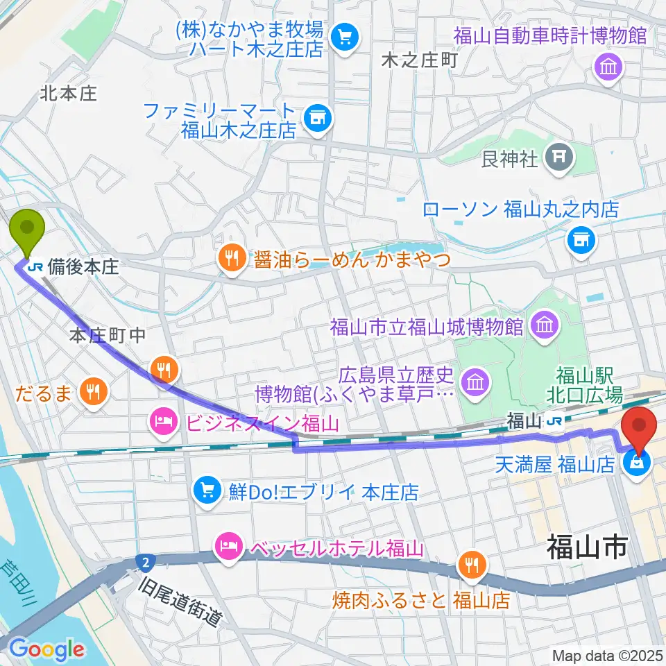備後本庄駅から福山駅前シネマモードへのルートマップ地図