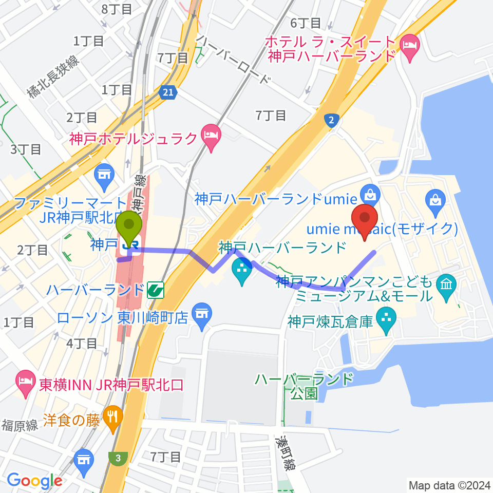 OSシネマズ 神戸ハーバーランドの最寄駅神戸駅からの徒歩ルート（約8分）地図