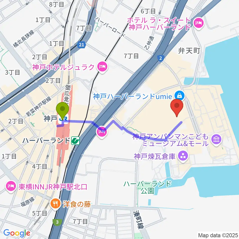 OSシネマズ神戸ハーバーランドの最寄駅神戸駅からの徒歩ルート（約8分）地図