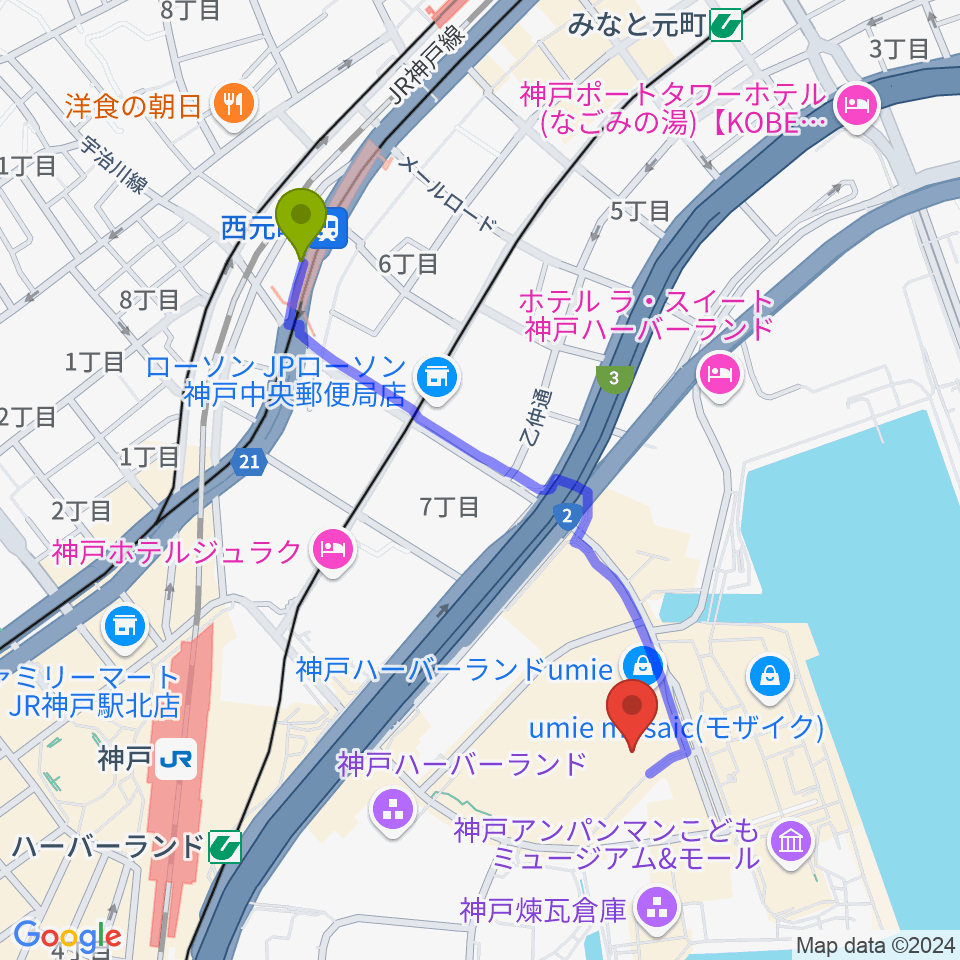 西元町駅からOSシネマズ 神戸ハーバーランドへのルートマップ地図