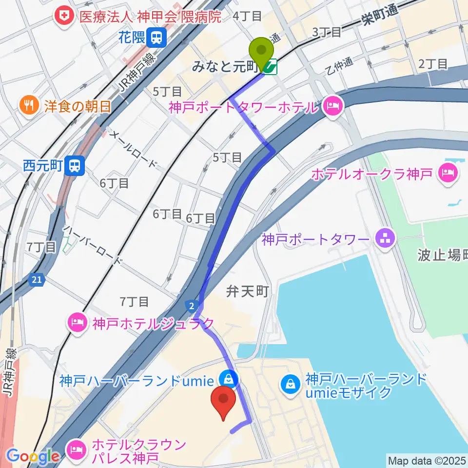 みなと元町駅からOSシネマズ神戸ハーバーランドへのルートマップ地図