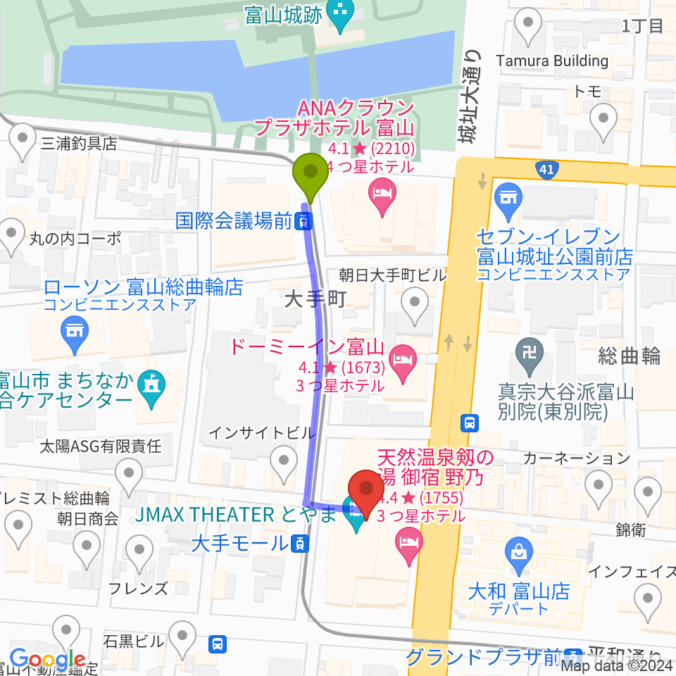 国際会議場前駅からJMAXシアターとやまへのルートマップ地図