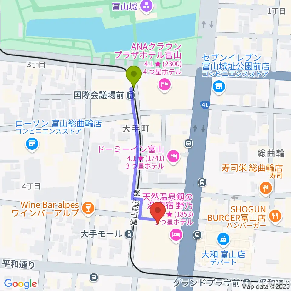 国際会議場前駅からJMAXシアターとやまへのルートマップ地図