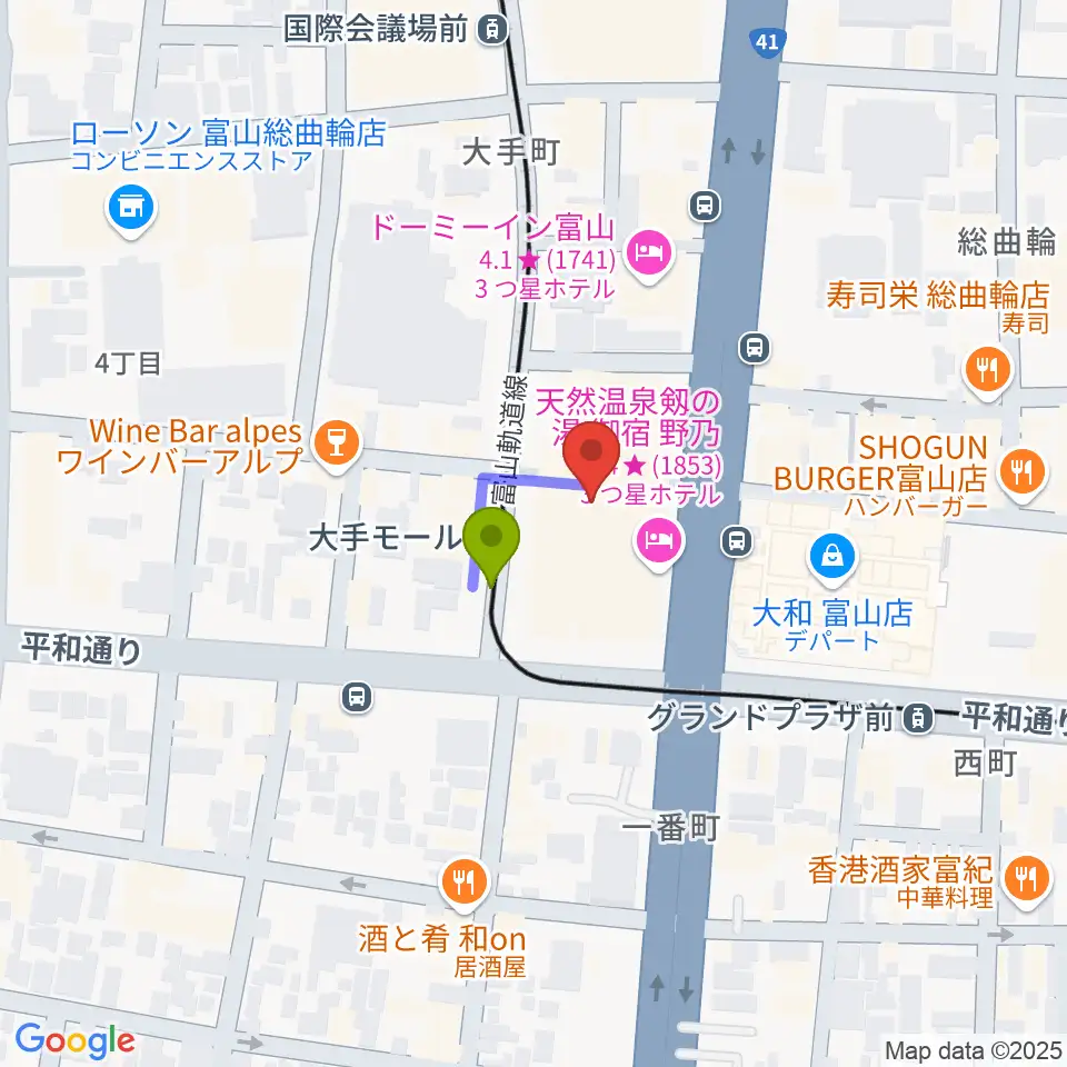 JMAXシアターとやまの最寄駅大手モール駅からの徒歩ルート（約1分）地図