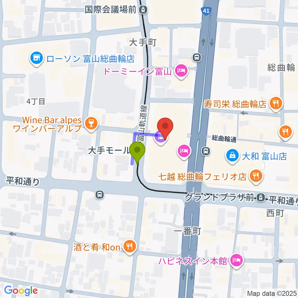 JMAXシアターとやまの最寄駅大手モール駅からの徒歩ルート（約1分）地図
