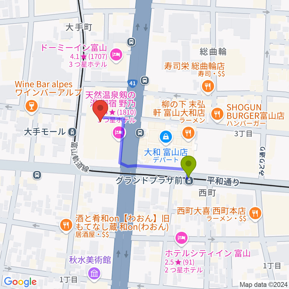 グランドプラザ前駅からJMAXシアターとやまへのルートマップ地図