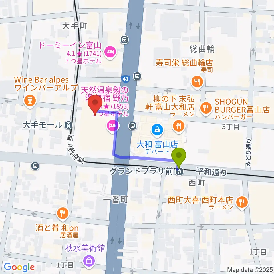 グランドプラザ前駅からJMAXシアターとやまへのルートマップ地図