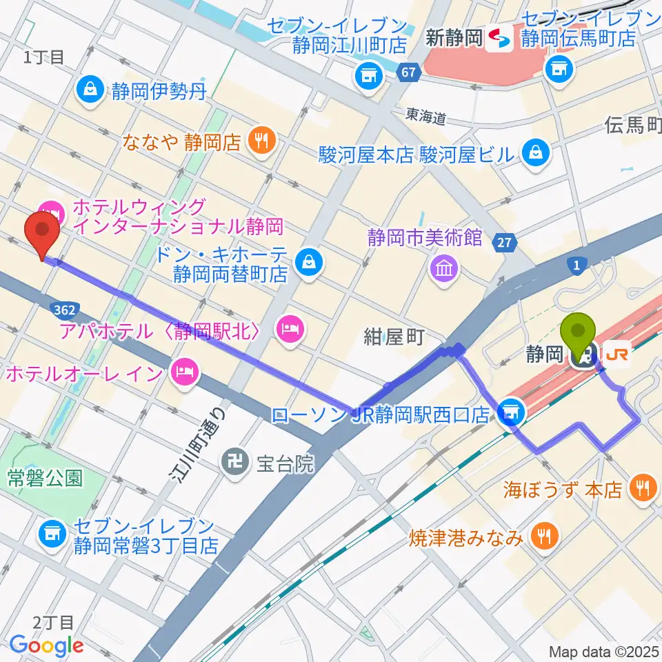 静岡駅から静岡東宝会館へのルートマップ地図