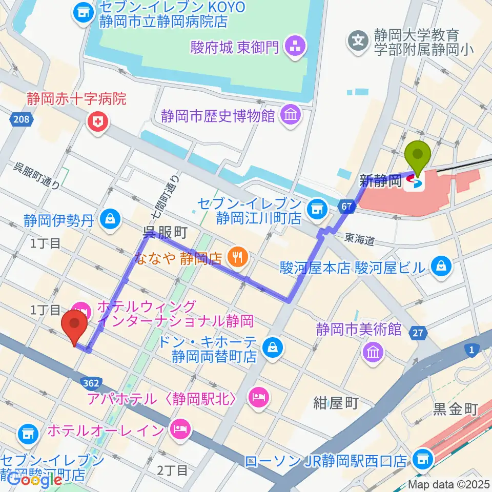 静岡東宝会館の最寄駅新静岡駅からの徒歩ルート（約12分）地図